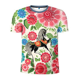 Мужская футболка 3D спортивная с принтом Роспись в Тюмени, 100% полиэстер с улучшенными характеристиками | приталенный силуэт, круглая горловина, широкие плечи, сужается к линии бедра | конь | лошадь | узор | цветы