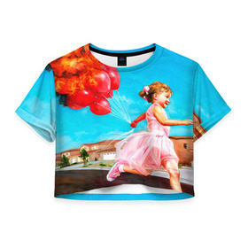 Женская футболка 3D укороченная с принтом Девочка с шариками в Тюмени, 100% полиэстер | круглая горловина, длина футболки до линии талии, рукава с отворотами | картина | огонь