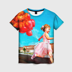 Женская футболка 3D с принтом Девочка с шариками в Тюмени, 100% полиэфир ( синтетическое хлопкоподобное полотно) | прямой крой, круглый вырез горловины, длина до линии бедер | картина | огонь
