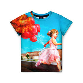 Детская футболка 3D с принтом Девочка с шариками в Тюмени, 100% гипоаллергенный полиэфир | прямой крой, круглый вырез горловины, длина до линии бедер, чуть спущенное плечо, ткань немного тянется | Тематика изображения на принте: картина | огонь