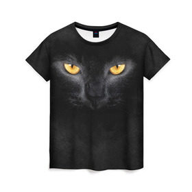 Женская футболка 3D с принтом Черная кошка в Тюмени, 100% полиэфир ( синтетическое хлопкоподобное полотно) | прямой крой, круглый вырез горловины, длина до линии бедер | глаза | киса | кот | котик | кошка | черная кошка