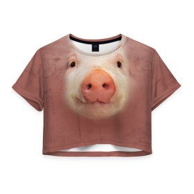 Женская футболка 3D укороченная с принтом Хрюшка в Тюмени, 100% полиэстер | круглая горловина, длина футболки до линии талии, рукава с отворотами | свинка | свинья | хрюшка