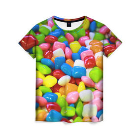 Женская футболка 3D с принтом Конфетки в Тюмени, 100% полиэфир ( синтетическое хлопкоподобное полотно) | прямой крой, круглый вырез горловины, длина до линии бедер | Тематика изображения на принте: вкусности | конфеты | мармелад | сладости