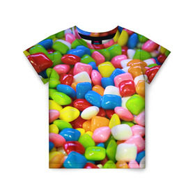 Детская футболка 3D с принтом Конфетки в Тюмени, 100% гипоаллергенный полиэфир | прямой крой, круглый вырез горловины, длина до линии бедер, чуть спущенное плечо, ткань немного тянется | Тематика изображения на принте: вкусности | конфеты | мармелад | сладости