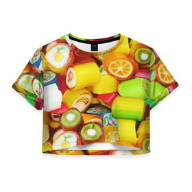 Женская футболка 3D укороченная с принтом Леденцы в Тюмени, 100% полиэстер | круглая горловина, длина футболки до линии талии, рукава с отворотами | вкусности | конфеты сладости | леденец