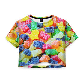 Женская футболка 3D укороченная с принтом Мармеладные мишки в Тюмени, 100% полиэстер | круглая горловина, длина футболки до линии талии, рукава с отворотами | вкусности | конфеты | мармелад | мишки | сладости