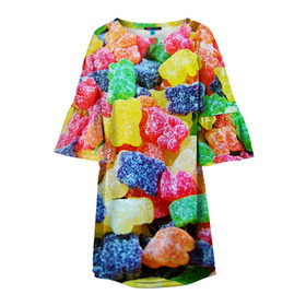 Детское платье 3D с принтом Мармеладные мишки в Тюмени, 100% полиэстер | прямой силуэт, чуть расширенный к низу. Круглая горловина, на рукавах — воланы | Тематика изображения на принте: вкусности | конфеты | мармелад | мишки | сладости
