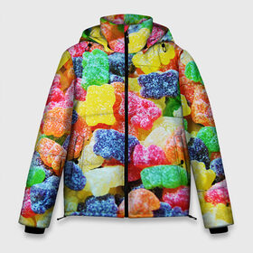 Мужская зимняя куртка 3D с принтом Мармеладные мишки в Тюмени, верх — 100% полиэстер; подкладка — 100% полиэстер; утеплитель — 100% полиэстер | длина ниже бедра, свободный силуэт Оверсайз. Есть воротник-стойка, отстегивающийся капюшон и ветрозащитная планка. 

Боковые карманы с листочкой на кнопках и внутренний карман на молнии. | Тематика изображения на принте: вкусности | конфеты | мармелад | мишки | сладости