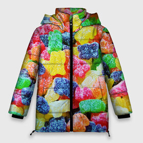 Женская зимняя куртка 3D с принтом Мармеладные мишки в Тюмени, верх — 100% полиэстер; подкладка — 100% полиэстер; утеплитель — 100% полиэстер | длина ниже бедра, силуэт Оверсайз. Есть воротник-стойка, отстегивающийся капюшон и ветрозащитная планка. 

Боковые карманы с листочкой на кнопках и внутренний карман на молнии | вкусности | конфеты | мармелад | мишки | сладости