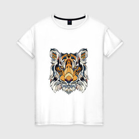 Женская футболка хлопок с принтом Тигруля в Тюмени, 100% хлопок | прямой крой, круглый вырез горловины, длина до линии бедер, слегка спущенное плечо | звери | лев | минимализм | свирепый тигр защитит вас в любое время :)геометрия | тигр