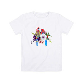 Детская футболка хлопок с принтом Попугаи в Тюмени, 100% хлопок | круглый вырез горловины, полуприлегающий силуэт, длина до линии бедер | Тематика изображения на принте: myparrots | акварель | попугаи | птиц | розелла | цветы