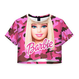 Женская футболка 3D укороченная с принтом Барби в Тюмени, 100% полиэстер | круглая горловина, длина футболки до линии талии, рукава с отворотами | swag | барки | девушкам | камуфляж | свэг