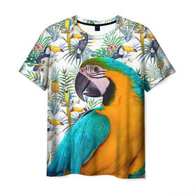 Мужская футболка 3D с принтом Попугаи в Тюмени, 100% полиэфир | прямой крой, круглый вырез горловины, длина до линии бедер | myparrots | parrot | ара | листья | орнамент | попугаи | птицы | рай | синежелтый | тукан | узор | цветы