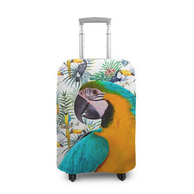 Чехол для чемодана 3D с принтом Попугаи в Тюмени, 86% полиэфир, 14% спандекс | двустороннее нанесение принта, прорези для ручек и колес | myparrots | parrot | ара | листья | орнамент | попугаи | птицы | рай | синежелтый | тукан | узор | цветы