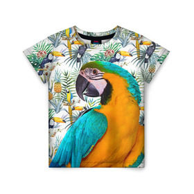 Детская футболка 3D с принтом Попугаи в Тюмени, 100% гипоаллергенный полиэфир | прямой крой, круглый вырез горловины, длина до линии бедер, чуть спущенное плечо, ткань немного тянется | Тематика изображения на принте: myparrots | parrot | ара | листья | орнамент | попугаи | птицы | рай | синежелтый | тукан | узор | цветы