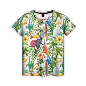Женская футболка 3D с принтом Попугаи в Тюмени, 100% полиэфир ( синтетическое хлопкоподобное полотно) | прямой крой, круглый вырез горловины, длина до линии бедер | myparrots | parrot | ара | листья | орнамент | попугаи | птицы | рай | тукан | узор | цветы