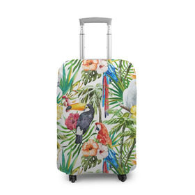 Чехол для чемодана 3D с принтом Попугаи в Тюмени, 86% полиэфир, 14% спандекс | двустороннее нанесение принта, прорези для ручек и колес | myparrots | parrot | ара | листья | орнамент | попугаи | птицы | рай | тукан | узор | цветы