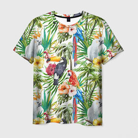 Мужская футболка 3D с принтом Попугаи в Тюмени, 100% полиэфир | прямой крой, круглый вырез горловины, длина до линии бедер | Тематика изображения на принте: myparrots | parrot | ара | листья | орнамент | попугаи | птицы | рай | тукан | узор | цветы
