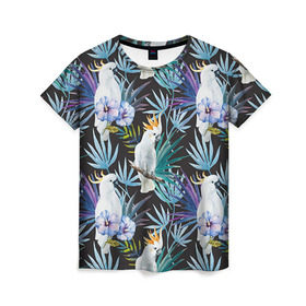 Женская футболка 3D с принтом Попугаи в Тюмени, 100% полиэфир ( синтетическое хлопкоподобное полотно) | прямой крой, круглый вырез горловины, длина до линии бедер | Тематика изображения на принте: myparrots | parrotузор | листья | орнамент | попугаи | птицы | рай | цветы