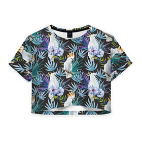 Женская футболка 3D укороченная с принтом Попугаи в Тюмени, 100% полиэстер | круглая горловина, длина футболки до линии талии, рукава с отворотами | myparrots | parrotузор | листья | орнамент | попугаи | птицы | рай | цветы