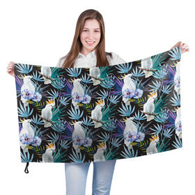 Флаг 3D с принтом Попугаи в Тюмени, 100% полиэстер | плотность ткани — 95 г/м2, размер — 67 х 109 см. Принт наносится с одной стороны | myparrots | parrotузор | листья | орнамент | попугаи | птицы | рай | цветы