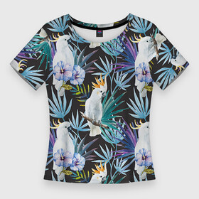 Женская футболка 3D Slim с принтом Попугаи в Тюмени,  |  | myparrots | parrotузор | листья | орнамент | попугаи | птицы | рай | цветы