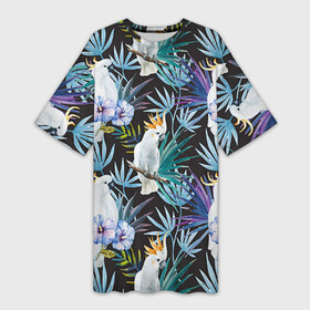 Платье-футболка 3D с принтом Попугаи в Тюмени,  |  | myparrots | parrotузор | листья | орнамент | попугаи | птицы | рай | цветы