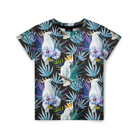 Детская футболка 3D с принтом Попугаи в Тюмени, 100% гипоаллергенный полиэфир | прямой крой, круглый вырез горловины, длина до линии бедер, чуть спущенное плечо, ткань немного тянется | myparrots | parrotузор | листья | орнамент | попугаи | птицы | рай | цветы