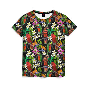 Женская футболка 3D с принтом Попугаи в Тюмени, 100% полиэфир ( синтетическое хлопкоподобное полотно) | прямой крой, круглый вырез горловины, длина до линии бедер | myparrots | parrotузор | листья | орнамент | попугаи | птицы | рай | цветы