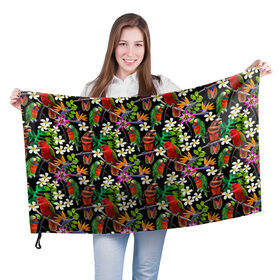 Флаг 3D с принтом Попугаи в Тюмени, 100% полиэстер | плотность ткани — 95 г/м2, размер — 67 х 109 см. Принт наносится с одной стороны | myparrots | parrotузор | листья | орнамент | попугаи | птицы | рай | цветы