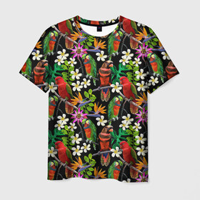 Мужская футболка 3D с принтом Попугаи в Тюмени, 100% полиэфир | прямой крой, круглый вырез горловины, длина до линии бедер | myparrots | parrotузор | листья | орнамент | попугаи | птицы | рай | цветы