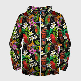 Мужская ветровка 3D с принтом Попугаи в Тюмени, 100% полиэстер | подол и капюшон оформлены резинкой с фиксаторами, два кармана без застежек по бокам, один потайной карман на груди | myparrots | parrotузор | листья | орнамент | попугаи | птицы | рай | цветы