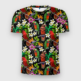 Мужская футболка 3D спортивная с принтом Попугаи в Тюмени, 100% полиэстер с улучшенными характеристиками | приталенный силуэт, круглая горловина, широкие плечи, сужается к линии бедра | myparrots | parrotузор | листья | орнамент | попугаи | птицы | рай | цветы