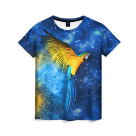 Женская футболка 3D с принтом Попугаи в Тюмени, 100% полиэфир ( синтетическое хлопкоподобное полотно) | прямой крой, круглый вырез горловины, длина до линии бедер | macaw | myparrots | parrot | ара | космос | попугаи | птицы