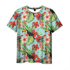 Мужская футболка 3D с принтом Попугаи в Тюмени, 100% полиэфир | прямой крой, круглый вырез горловины, длина до линии бедер | myparrots | parrotузор | листья | орнамент | попугаи | птицы | рай | розелла | тукан | цветы