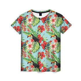 Женская футболка 3D с принтом Попугаи в Тюмени, 100% полиэфир ( синтетическое хлопкоподобное полотно) | прямой крой, круглый вырез горловины, длина до линии бедер | myparrots | parrotузор | листья | орнамент | попугаи | птицы | рай | розелла | тукан | цветы