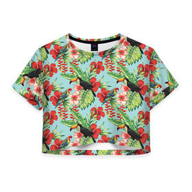 Женская футболка 3D укороченная с принтом Попугаи в Тюмени, 100% полиэстер | круглая горловина, длина футболки до линии талии, рукава с отворотами | myparrots | parrotузор | листья | орнамент | попугаи | птицы | рай | розелла | тукан | цветы