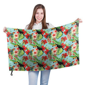 Флаг 3D с принтом Попугаи в Тюмени, 100% полиэстер | плотность ткани — 95 г/м2, размер — 67 х 109 см. Принт наносится с одной стороны | myparrots | parrotузор | листья | орнамент | попугаи | птицы | рай | розелла | тукан | цветы