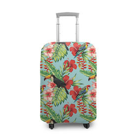 Чехол для чемодана 3D с принтом Попугаи в Тюмени, 86% полиэфир, 14% спандекс | двустороннее нанесение принта, прорези для ручек и колес | myparrots | parrotузор | листья | орнамент | попугаи | птицы | рай | розелла | тукан | цветы