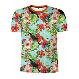 Мужская футболка 3D спортивная с принтом Попугаи в Тюмени, 100% полиэстер с улучшенными характеристиками | приталенный силуэт, круглая горловина, широкие плечи, сужается к линии бедра | myparrots | parrotузор | листья | орнамент | попугаи | птицы | рай | розелла | тукан | цветы