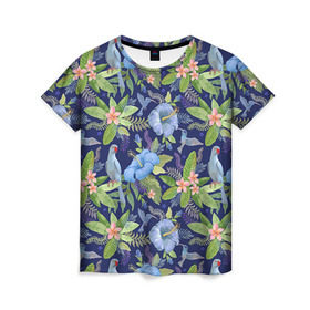 Женская футболка 3D с принтом Попугаи в Тюмени, 100% полиэфир ( синтетическое хлопкоподобное полотно) | прямой крой, круглый вырез горловины, длина до линии бедер | myparrots | parrot | кольчатый | листья | ожереловый | орнамент | попугаи | птицы | рай | узор | цветы