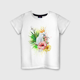 Детская футболка хлопок с принтом Какаду в Тюмени, 100% хлопок | круглый вырез горловины, полуприлегающий силуэт, длина до линии бедер | myparrots | parrot | листья | орнамент | попугаи | птицы | рай | узор | цветы