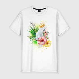Мужская футболка премиум с принтом Какаду в Тюмени, 92% хлопок, 8% лайкра | приталенный силуэт, круглый вырез ворота, длина до линии бедра, короткий рукав | myparrots | parrot | листья | орнамент | попугаи | птицы | рай | узор | цветы