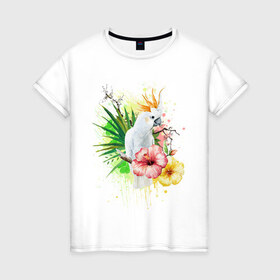 Женская футболка хлопок с принтом Какаду в Тюмени, 100% хлопок | прямой крой, круглый вырез горловины, длина до линии бедер, слегка спущенное плечо | myparrots | parrot | листья | орнамент | попугаи | птицы | рай | узор | цветы