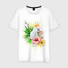Мужская футболка хлопок с принтом Какаду в Тюмени, 100% хлопок | прямой крой, круглый вырез горловины, длина до линии бедер, слегка спущенное плечо. | Тематика изображения на принте: myparrots | parrot | листья | орнамент | попугаи | птицы | рай | узор | цветы