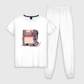 Женская пижама хлопок с принтом Вымершие виды в Тюмени, 100% хлопок | брюки и футболка прямого кроя, без карманов, на брюках мягкая резинка на поясе и по низу штанин | слон