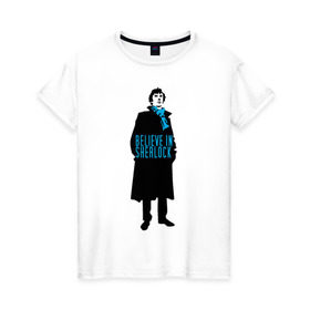 Женская футболка хлопок с принтом Шерлок (SHERLOCK) в Тюмени, 100% хлопок | прямой крой, круглый вырез горловины, длина до линии бедер, слегка спущенное плечо | Тематика изображения на принте: «шерлок» | также известен как «шерлок холмс»  британский телесериалsherlock | шерлок