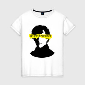 Женская футболка хлопок с принтом шерлок (SHERLOCK) в Тюмени, 100% хлопок | прямой крой, круглый вырез горловины, длина до линии бедер, слегка спущенное плечо | 