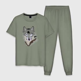 Мужская пижама хлопок с принтом Волк в Тюмени, 100% хлопок | брюки и футболка прямого кроя, без карманов, на брюках мягкая резинка на поясе и по низу штанин
 | волк | волкволчёнок | рисованный волк | серый волк