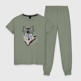 Женская пижама хлопок с принтом Волк в Тюмени, 100% хлопок | брюки и футболка прямого кроя, без карманов, на брюках мягкая резинка на поясе и по низу штанин | волк | волкволчёнок | рисованный волк | серый волк